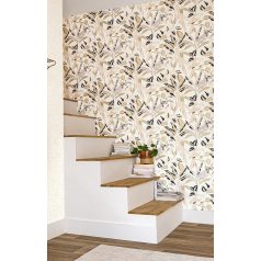   Egzotikus dekoráció lombok között papagájokkal fehér antracit rózsaszín és arany tónus fémes hatás tapéta