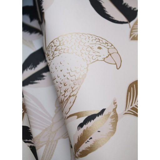 Egzotikus dekoráció lombok között papagájokkal fehér antracit rózsaszín és arany tónus fémes hatás tapéta