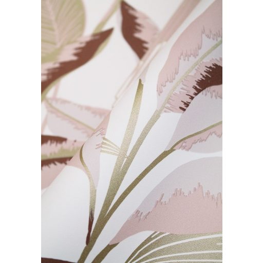 Egzotikus dekoráció lombok között papagájokkal fehér rózsaszín mályva és arany tónus fémes hatás tapéta