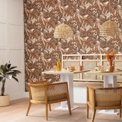   Egzotikus dekoráció lombok között papagájokkal karamelbarna fehér bézs és antracit tónus tapéta