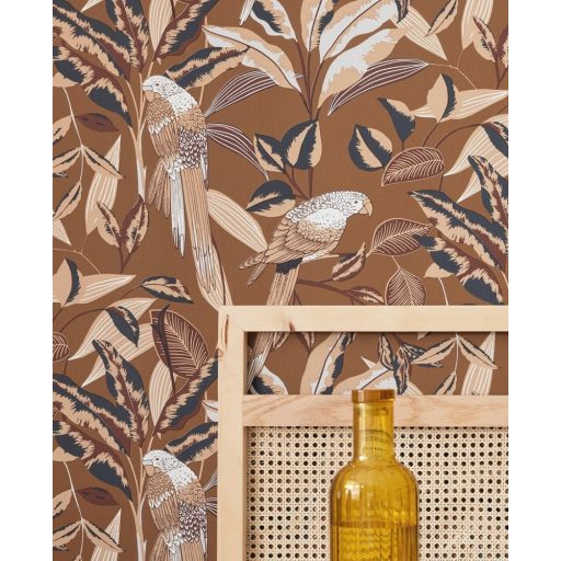 Egzotikus dekoráció lombok között papagájokkal karamelbarna fehér bézs és antracit tónus tapéta