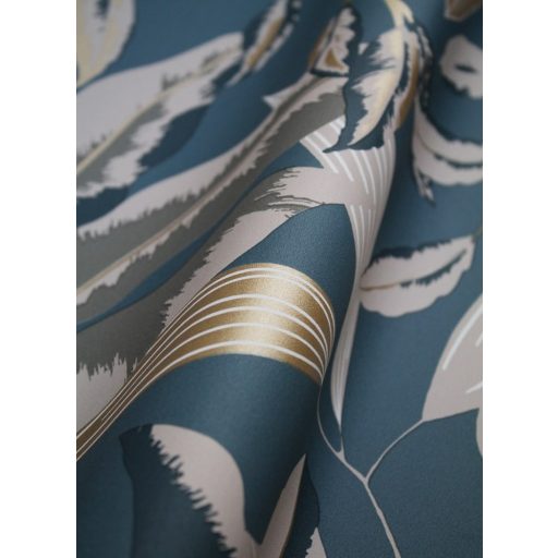 Egzotikus dekoráció lombok között papagájokkal pávakék bézs fehér és arany tónus fémes hatás tapéta