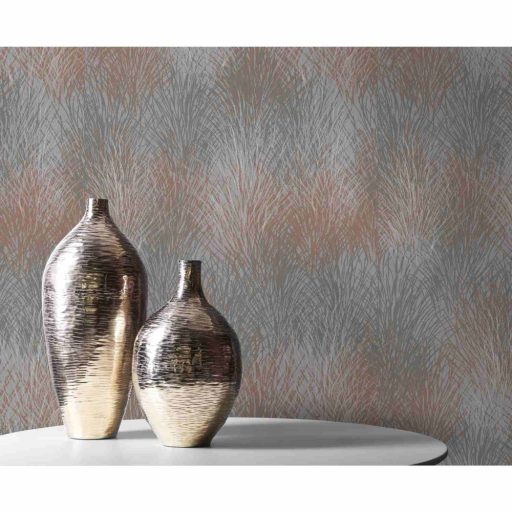 A természet beköltözik ezzel a csillogó pampafű mintával szürke rozsdabarna sötétszürke és fehérezüst tónus fémes hatás tapéta