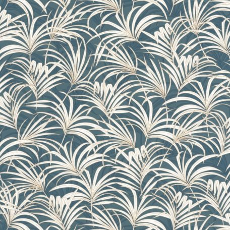 Az Art Deco az elegáns botanikai mintákról is szól - finom rajzolatú pálmalevelek kék krém és arany tónus fémes fény tapéta