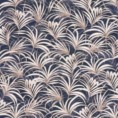   Az Art Deco az elegáns botanikai mintákról is szól - finom rajzolatú pálmalevelek éjkék bézs és rézszín tónus fémes fény tapéta