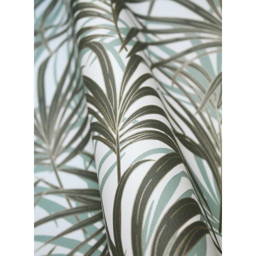 Az Art Deco az elegáns botanikai mintákról is szól - finom rajzolatú pálmalevelek krémfehér eukaliptuszzöld barna és arany tónus fémes fény tapéta