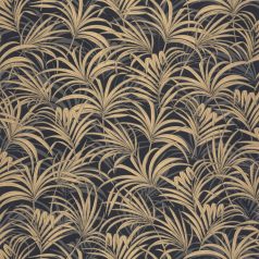   Az Art Deco az elegáns botanikai mintákról is szól - finom rajzolatú pálmalevelek antracitszürke fekete és arany tónus fémes fény tapéta