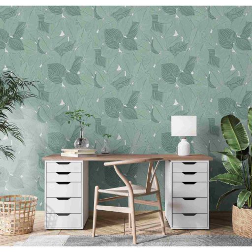 Erezetében és sűrű elhelyezkedésben az ereje - levélmintázat fehér és zöld tónusok csillogó hatás tapéta