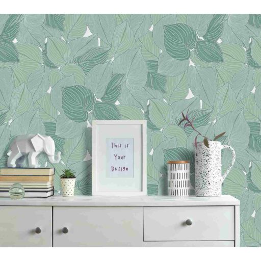 Erezetében és sűrű elhelyezkedésben az ereje - levélmintázat fehér és zöld tónusok csillogó hatás tapéta