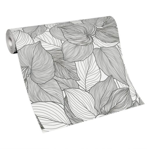 Erezetében és sűrű elhelyezkedésben az ereje - levélmintázat krém/krémfehér és fekete tónusok csillogó hatás tapéta