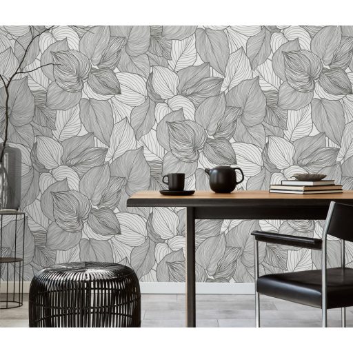 Erezetében és sűrű elhelyezkedésben az ereje - levélmintázat krém/krémfehér és fekete tónusok csillogó hatás tapéta