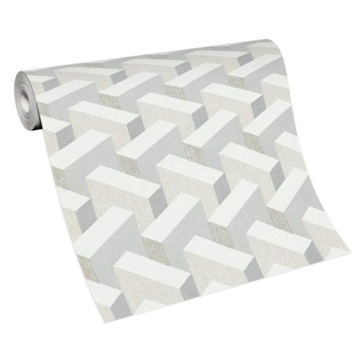 Térbeli elhelyezkedású hasábok változatos felületi struktúrák 3D geometriai minta krémfehér bézs és szürke tónusok tapéta