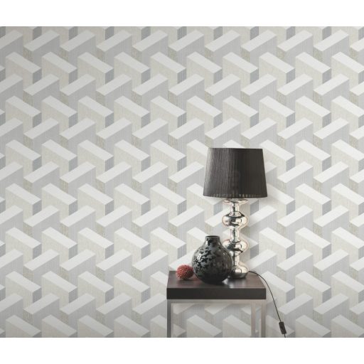 Térbeli elhelyezkedású hasábok változatos felületi struktúrák 3D geometriai minta krémfehér bézs és szürke tónusok tapéta