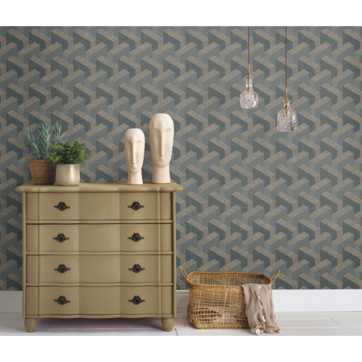 Térbeli elhelyezkedású hasábok változatos felületi struktúrák 3D geometriai minta szürke sötétbarna antracit és arany tónusok tapéta