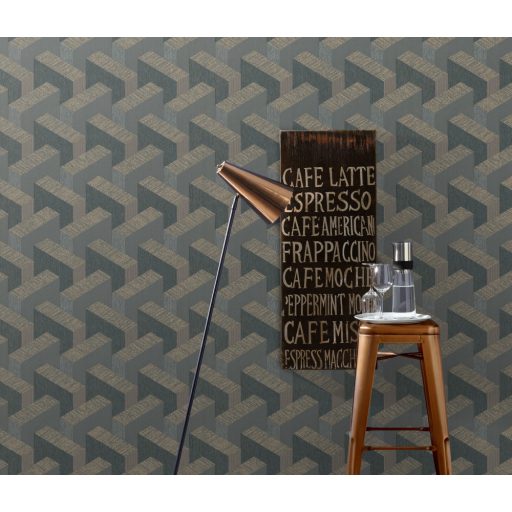 Térbeli elhelyezkedású hasábok változatos felületi struktúrák 3D geometriai minta szürke sötétbarna antracit és arany tónusok tapéta