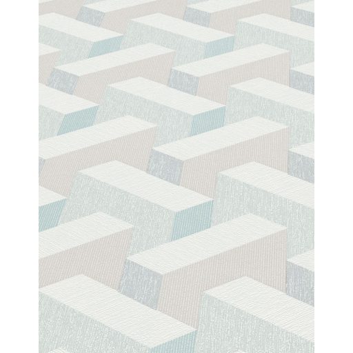 Térbeli elhelyezkedású hasábok változatos felületi struktúrák 3D geometriai minta fehér szürke bézs kék és világos türkiz tónusok tapéta