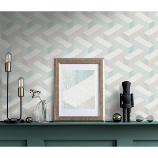 Térbeli elhelyezkedású hasábok változatos felületi struktúrák 3D geometriai minta fehér szürke bézs kék és világos türkiz tónusok tapéta