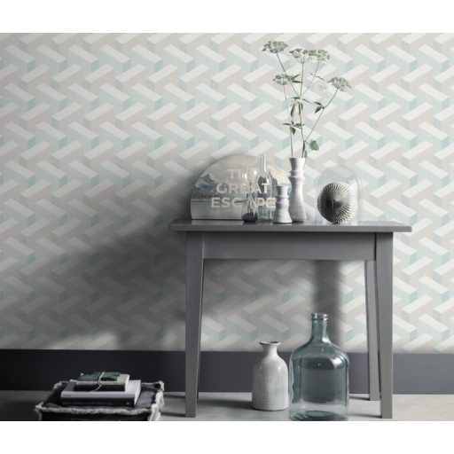 Térbeli elhelyezkedású hasábok változatos felületi struktúrák 3D geometriai minta fehér szürke bézs kék és világos türkiz tónusok tapéta