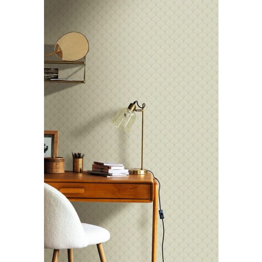 Rajongóknak! Az Art Deco klasszikusa - pontokkal kialakított legyezőmotívum halvány mandulazöld és arany finom fémes fény tapéta