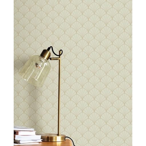 Rajongóknak! Az Art Deco klasszikusa - pontokkal kialakított legyezőmotívum halvány mandulazöld és arany finom fémes fény tapéta