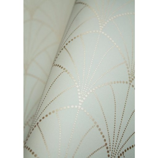 Rajongóknak! Az Art Deco klasszikusa - pontokkal kialakított legyezőmotívum halvány mandulazöld és arany finom fémes fény tapéta