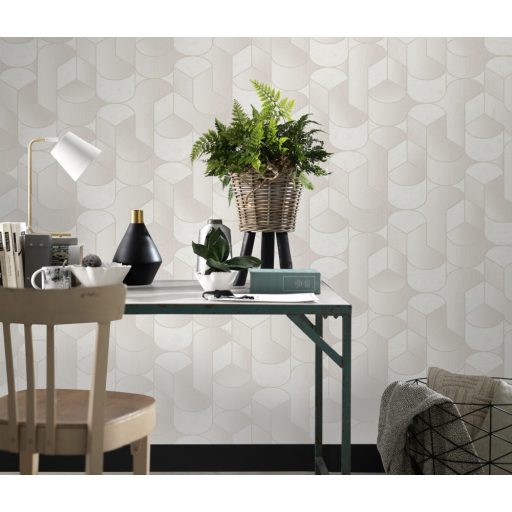 Kifinomult grafikus minta váltakozó vonal és beton struktúra háttéren krémfehér krém bézs és ezüst tónus fényes mintarészletek tapéta