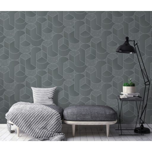 Kifinomult grafikus minta váltakozó vonal és beton struktúra háttéren sötétszürke antracit és ezüst tónus fényes mintarészletek tapéta