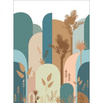   Nagyléptékű Art Deco panorámakép növények körvonalaival "L" türkizkék barna kék sötétbarna és rózsaszín tónus falpanel