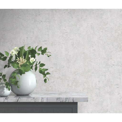 Modern (shabby) kopott felületű strukturált beton mintázat törtfehér világoszöld és ezüst tónus fényes mintarészletek tapéta