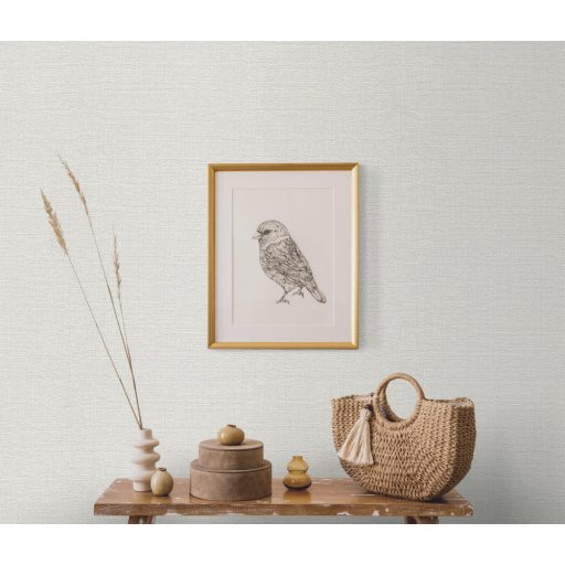 Szövött hatású egyszínű struktúrminta törtfehér/szürkésfehér és ezüst tónus fémes hatás tapéta