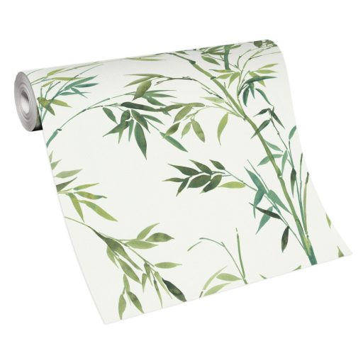 Akvarell megjelenésű filigrán bambusz ágak és levelek fehér zöld és sárgászöld/olívzöld tónusok tapéta