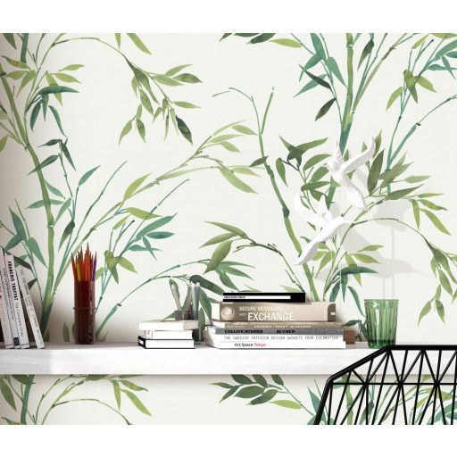 Akvarell megjelenésű filigrán bambusz ágak és levelek fehér zöld és sárgászöld/olívzöld tónusok tapéta
