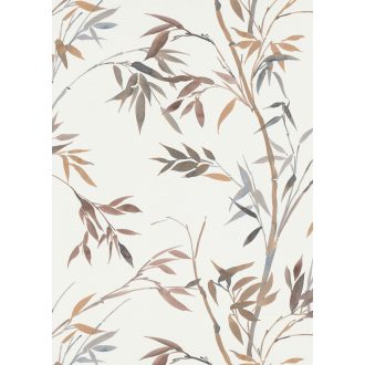   Akvarell megjelenésű filigrán bambusz ágak és levelek krém/krémfehér barna szürke szürkésbarna és kék tónusok tapéta