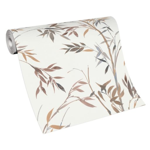 Akvarell megjelenésű filigrán bambusz ágak és levelek krém/krémfehér barna szürke szürkésbarna és kék tónusok tapéta
