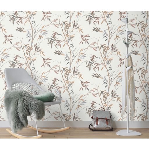 Akvarell megjelenésű filigrán bambusz ágak és levelek krém/krémfehér barna szürke szürkésbarna és kék tónusok tapéta