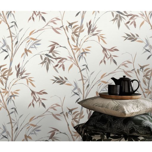 Akvarell megjelenésű filigrán bambusz ágak és levelek krém/krémfehér barna szürke szürkésbarna és kék tónusok tapéta