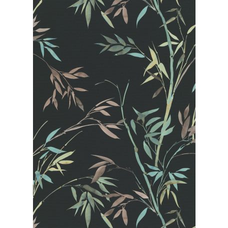 Akvarell megjelenésű filigrán bambusz ágak és levelek fekete barna zöld kékeszöld és sárgásbarna tónusok tapéta