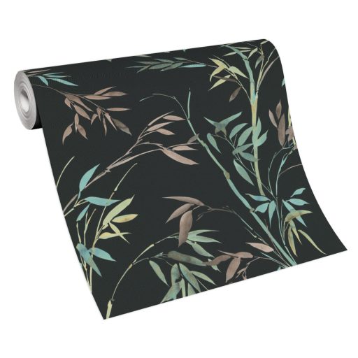 Akvarell megjelenésű filigrán bambusz ágak és levelek fekete barna zöld kékeszöld és sárgásbarna tónusok tapéta