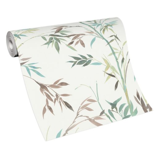 Akvarell megjelenésű filigrán bambusz ágak és levelek krémfehér barna zöld kékeszöld és sárga tónusok tapéta