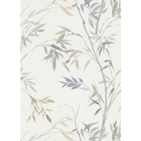 Akvarell megjelenésű filigrán bambusz ágak és levelek krémfehér bézs és szürke tónusok tapéta