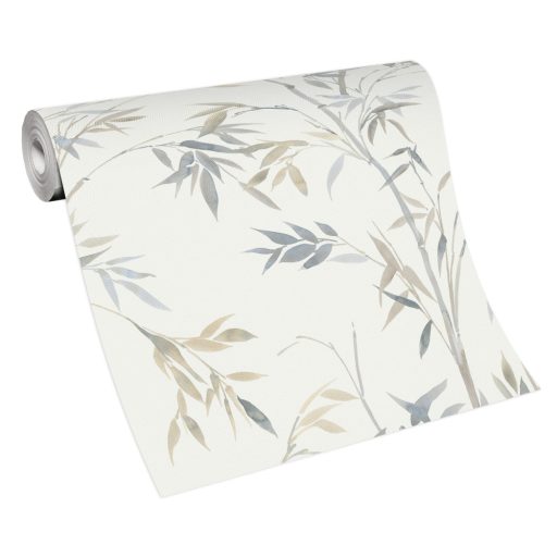 Akvarell megjelenésű filigrán bambusz ágak és levelek krémfehér bézs és szürke tónusok tapéta