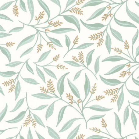 Virágzó mimóza és eukaliptuszlevél mintázat fehér vízzöld/szürkészöld és arany tónus tapéta