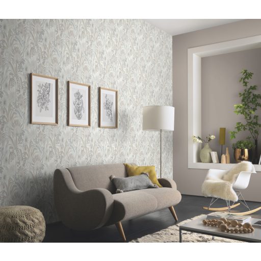 Dekoratív és fantáziadús egzotikus növények és virágaik krémfehér bézs és szürke tónusok tapéta