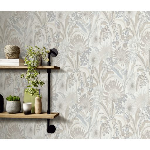 Dekoratív és fantáziadús egzotikus növények és virágaik krémfehér bézs és szürke tónusok tapéta