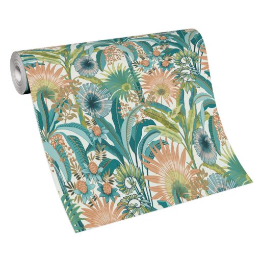 Dekoratív és fantáziadús egzotikus növények és virágaik krémfehér türkiz sárga zöld és korall tónusok tapéta