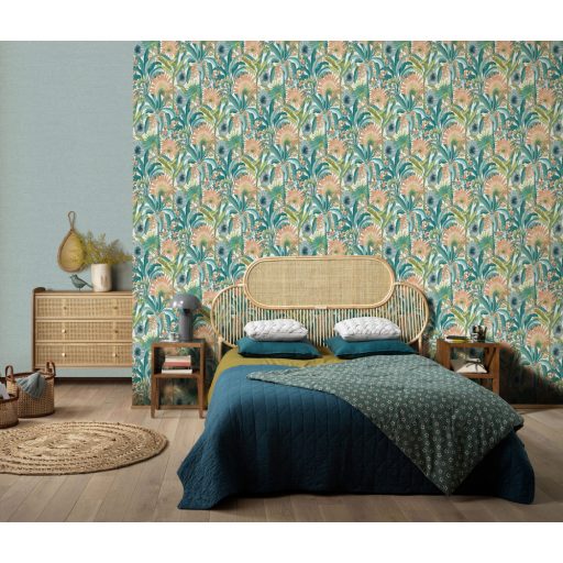 Dekoratív és fantáziadús egzotikus növények és virágaik krémfehér türkiz sárga zöld és korall tónusok tapéta