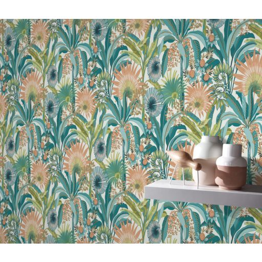 Dekoratív és fantáziadús egzotikus növények és virágaik krémfehér türkiz sárga zöld és korall tónusok tapéta