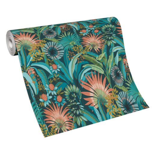 Dekoratív és fantáziadús egzotikus növények és virágaik sötétzöld türkiz korall narancs és zöld tónusok tapéta
