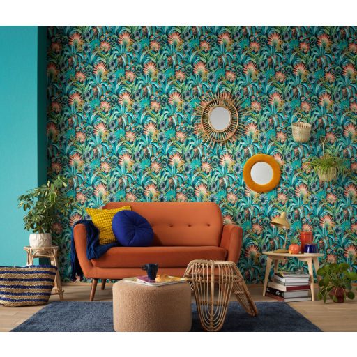 Dekoratív és fantáziadús egzotikus növények és virágaik sötétzöld türkiz korall narancs és zöld tónusok tapéta