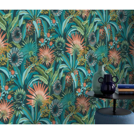 Dekoratív és fantáziadús egzotikus növények és virágaik sötétzöld türkiz korall narancs és zöld tónusok tapéta